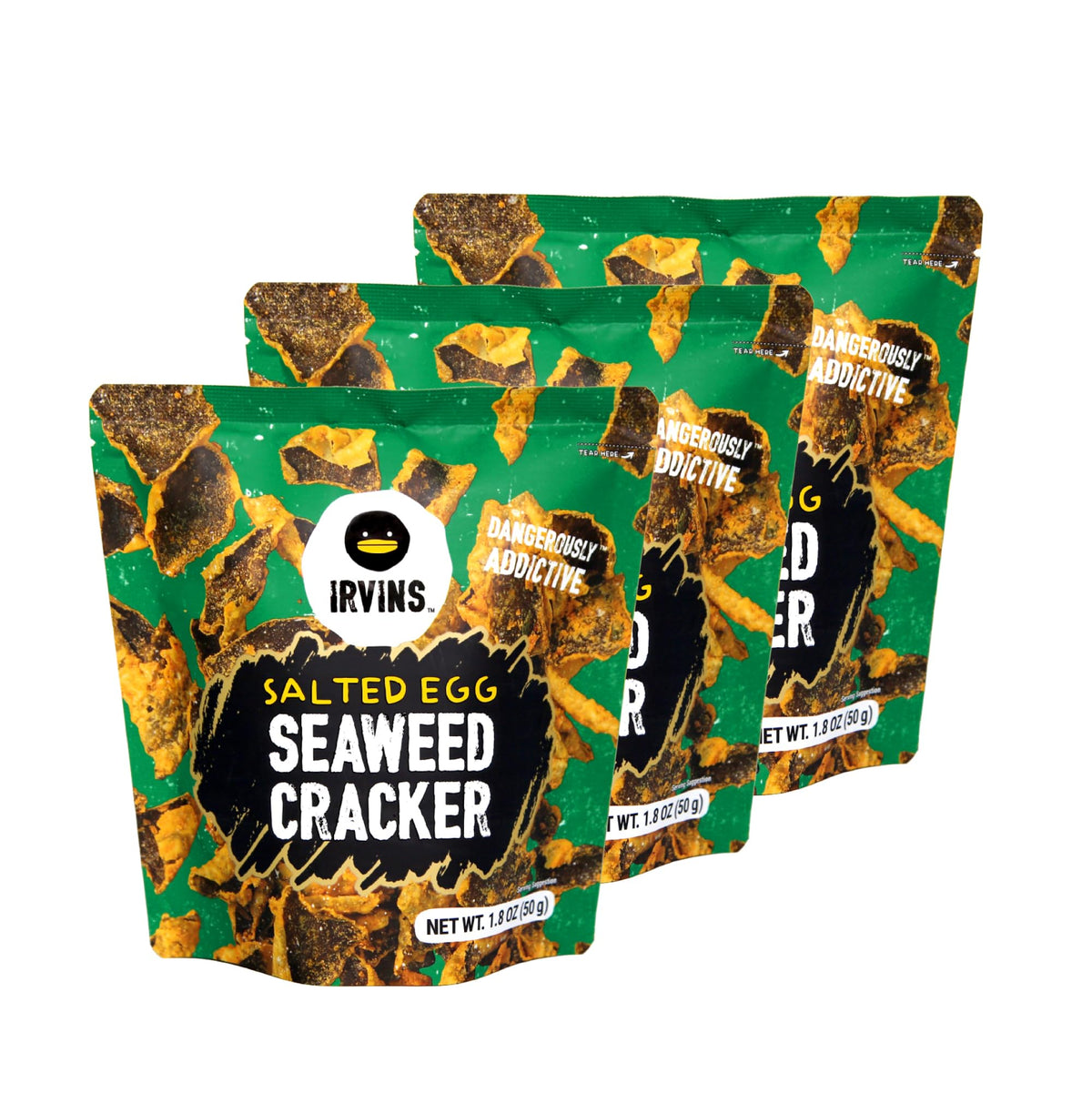 Irvins Salted Egg Seaweed Crisp 3-pack showing crispy battered sheets for a savory umami snack.