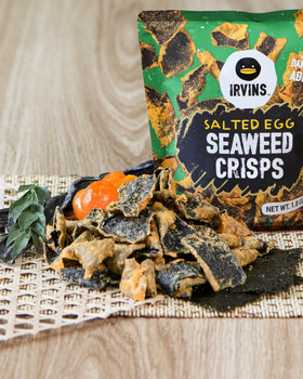 Close-up of Irvins Salted Egg Seaweed Crisp with salted egg coating highlighting a crunchy texture.