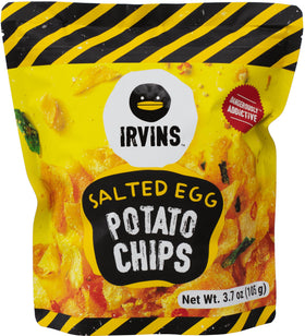 Irvins Spicy Salted Egg Chips bag with bold heat and crunch