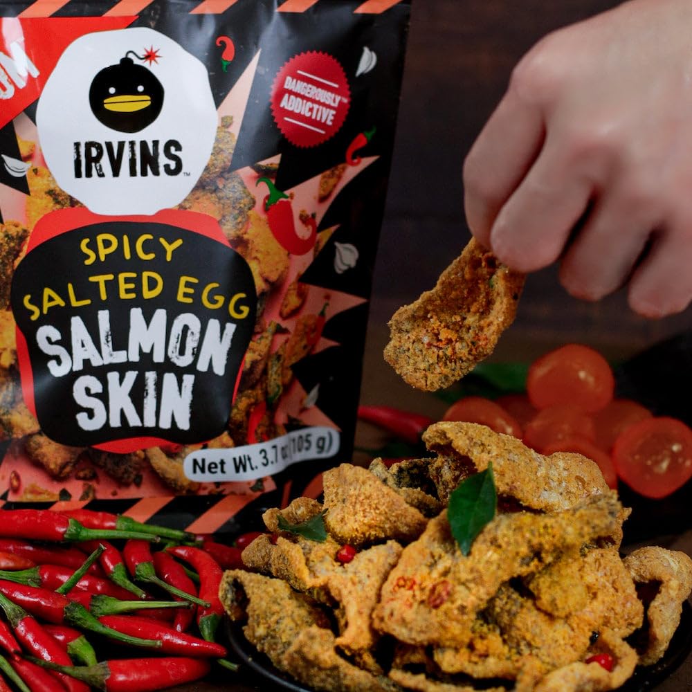 IRVINS upcycled salmon skin crisps emphasizing sustainable snack choice.