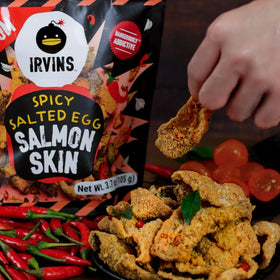 IRVINS upcycled salmon skin crisps emphasizing sustainable snack choice.