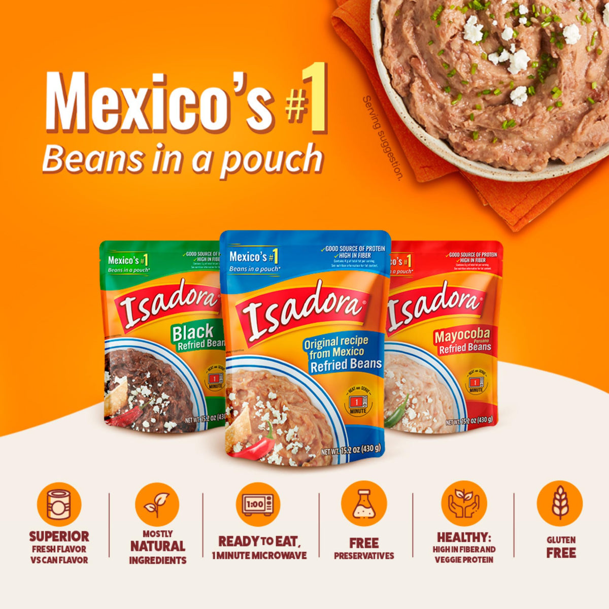 Isadora refried beans offer plant protein and high fiber per pouch