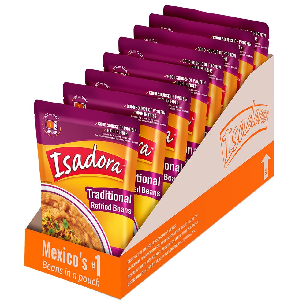 Isadora traditional refried beans in a pouch displayed on the counter, ready for a quick meal.