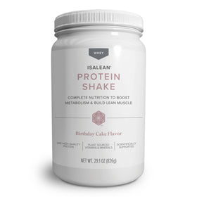 Isagenix IsaLean Protein Shake Birthday Cake tub, protein-packed meal replacement