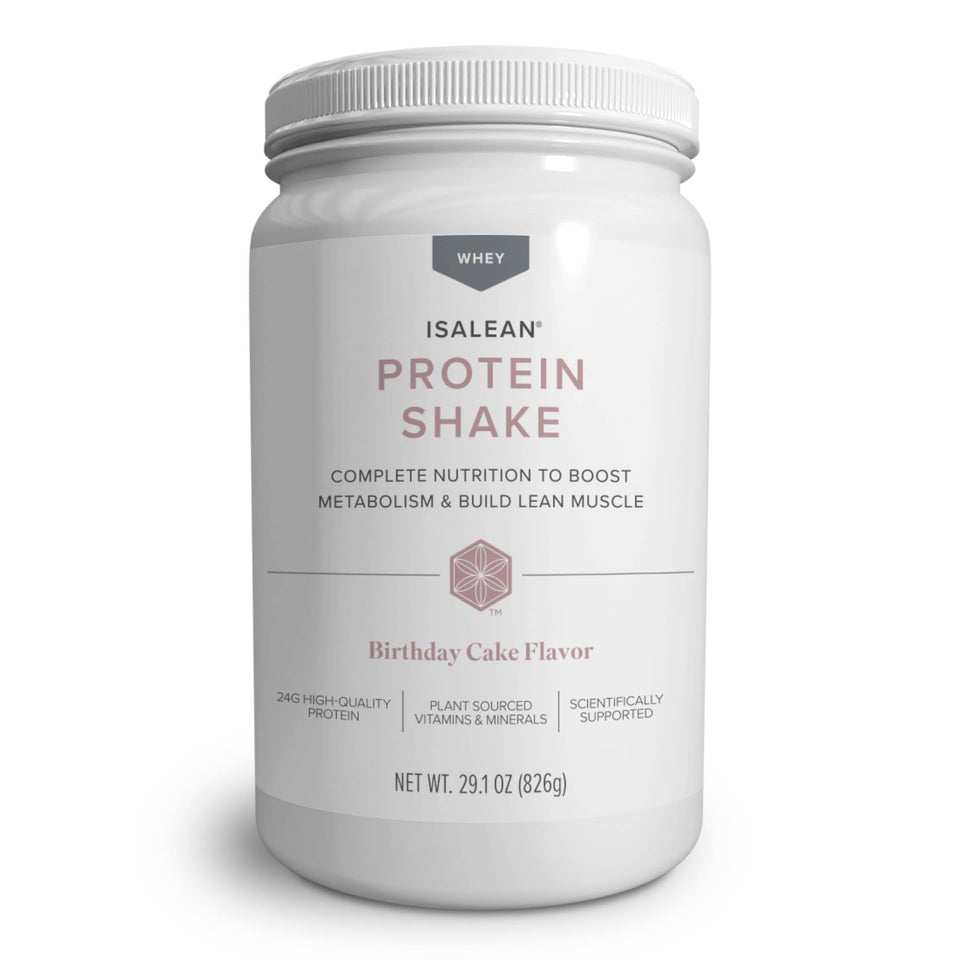 Isagenix IsaLean Protein Shake Birthday Cake tub, protein-packed meal replacement