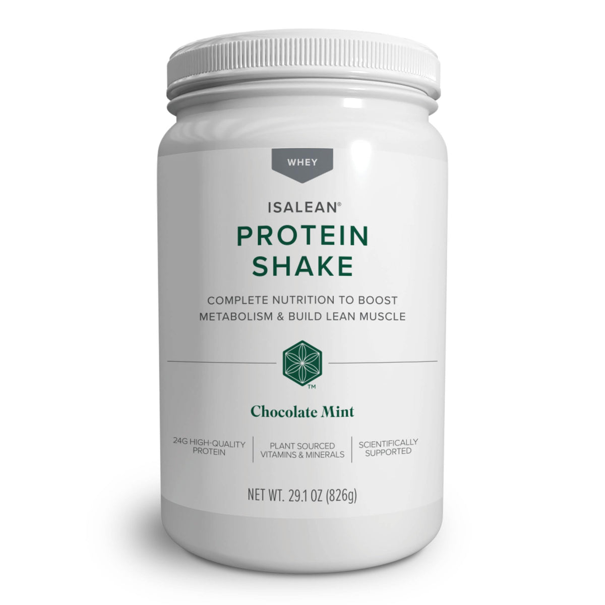 Isagenix IsaLean Protein Shake Chocolate Mint 29oz front label for convenient meal replacement.