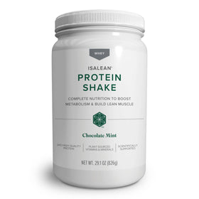 Isagenix IsaLean Protein Shake Chocolate Mint 29oz front label for convenient meal replacement.