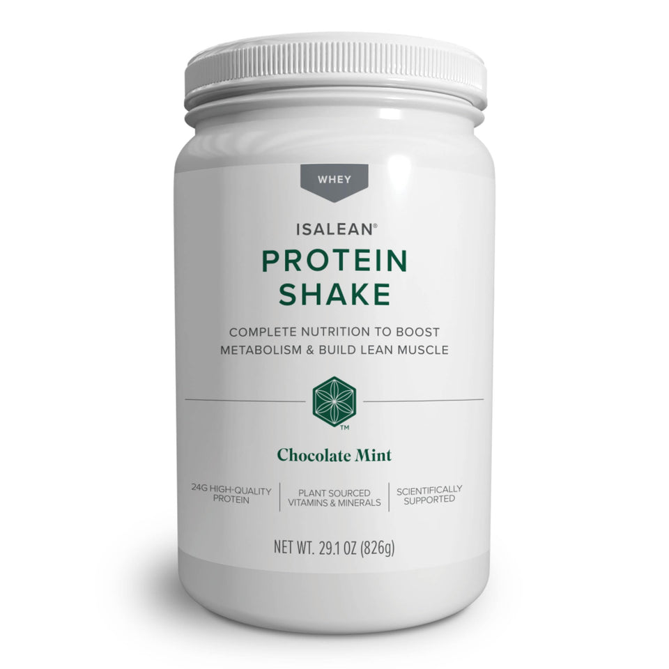 Isagenix IsaLean Protein Shake Chocolate Mint 29oz front label for convenient meal replacement.