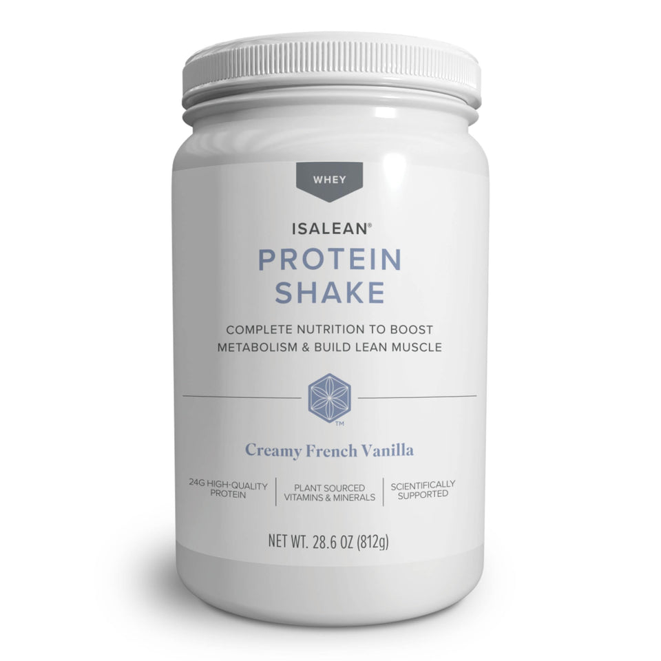 Isagenix IsaLean Shake cream vanilla glass pour promotes a convenient meal replacement.