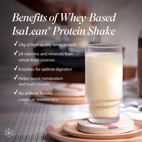 Isagenix IsaLean shake in glass highlighting balanced nutrition for lean muscle support.