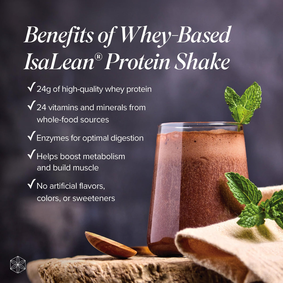 Isagenix IsaLean Protein Shake ingredients panel highlighting whole-food nutrients and undenatured whey.