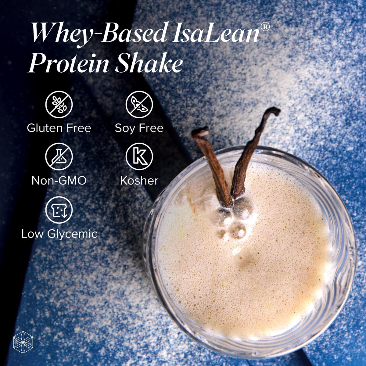 Isagenix IsaLean Shake powder in a mixing cup conveys easy, balanced nutrition for busy days.
