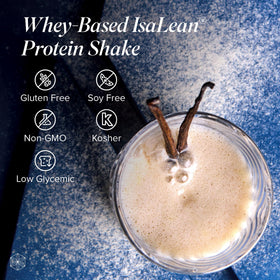 Isagenix IsaLean Shake powder in a mixing cup conveys easy, balanced nutrition for busy days.
