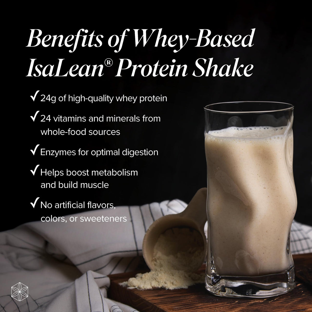 Isagenix IsaLean Shake vanilla bottle label highlights 24 g protein and essential nutrients.