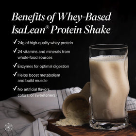 Isagenix IsaLean Shake vanilla bottle label highlights 24 g protein and essential nutrients.