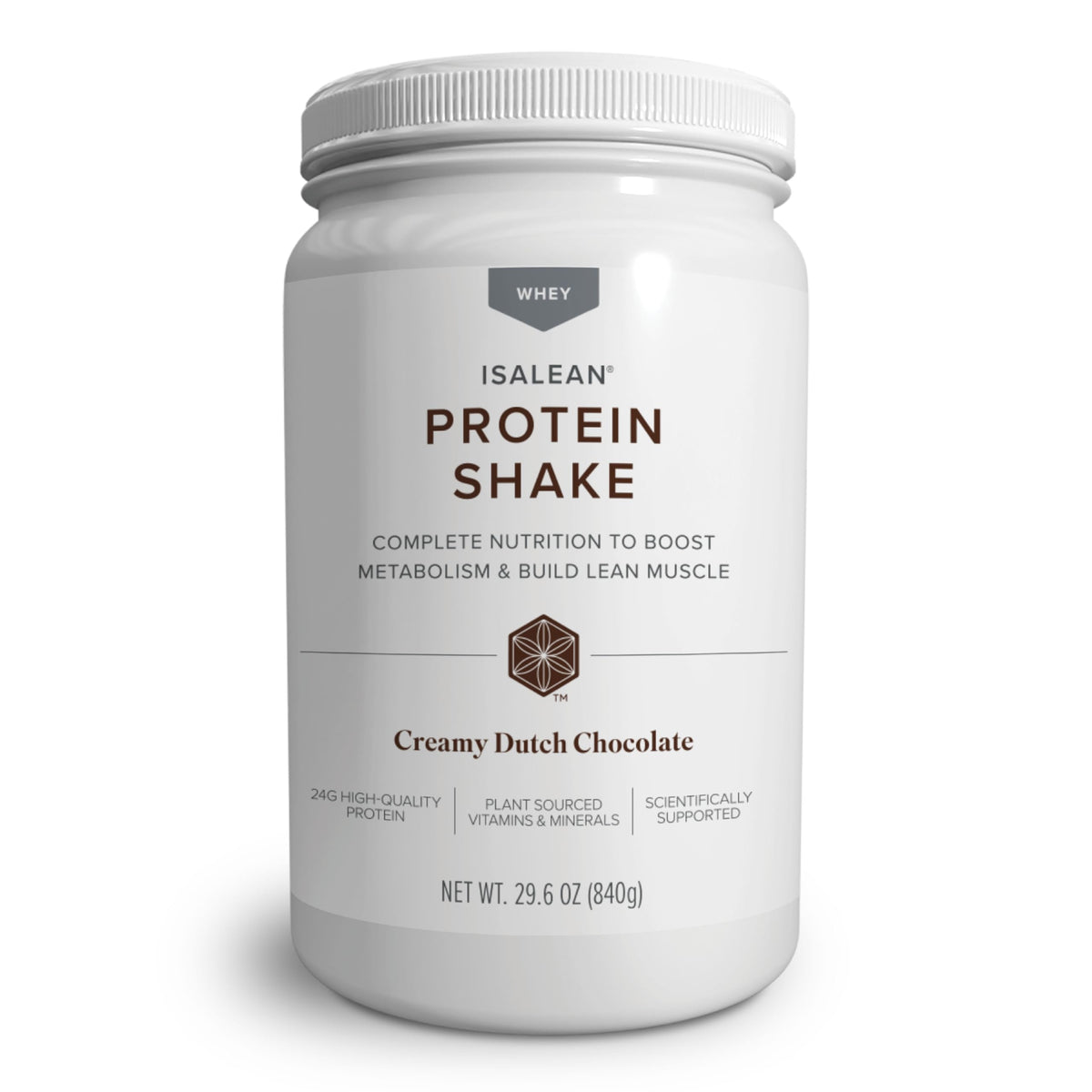 Isagenix IsaLean Shake tub in Creamy Dutch Chocolate supports fuller meals with 24 g protein