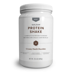 Isagenix IsaLean Shake tub in Creamy Dutch Chocolate supports fuller meals with 24 g protein