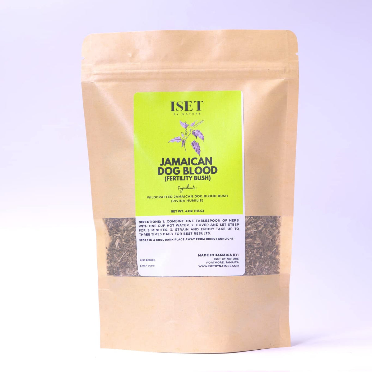 Iset By Nature Jamaican Dog Blood Bush tea, loose leaf, traditional womb health support in a calming ritual.