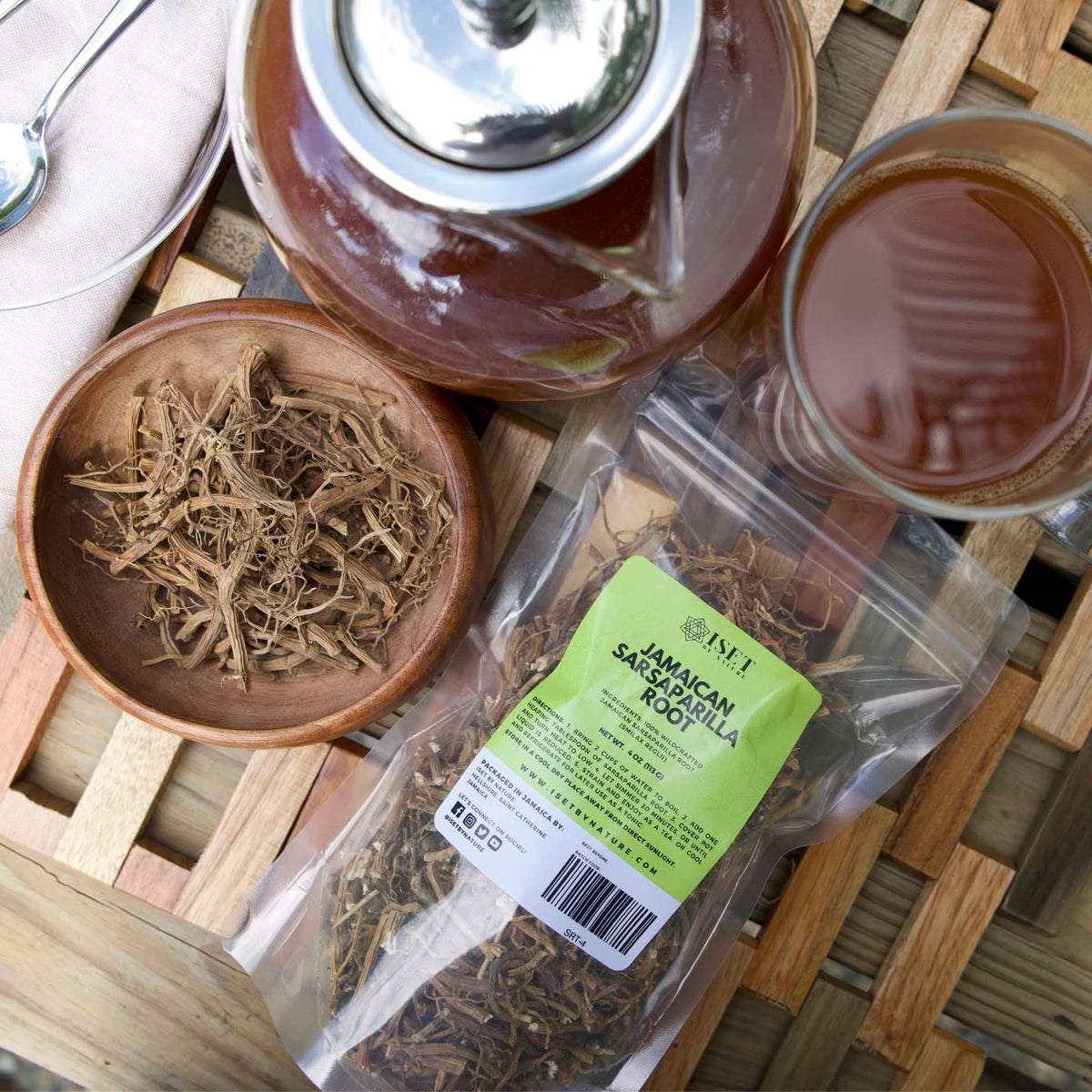 Iset By Nature Jamaican Sarsaparilla root two-ounce packaging ready for brewing.