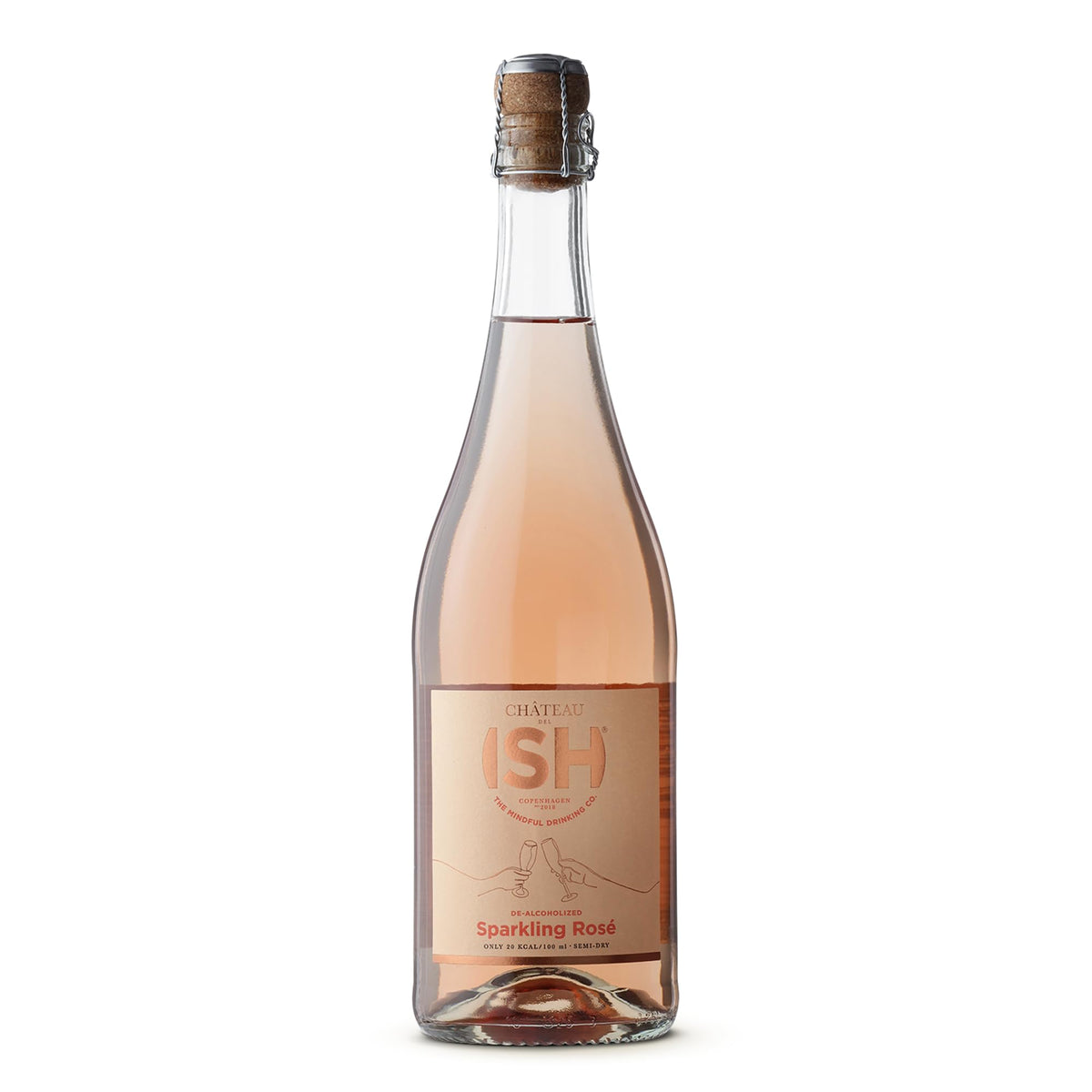 ISH Chateau del ISH sparkling rose bottle viewed from back, ideal for toasts without alcohol.
