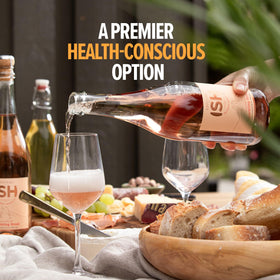 ISH sparkling rose glass with bubbles, a refreshing zero-proof option for gatherings.