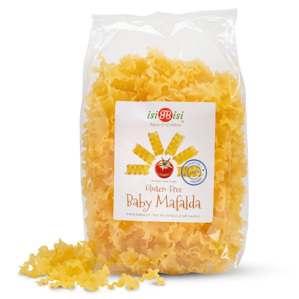 isiBisi Baby Mafalda Pasta packaging showcases gluten-free option for weeknight dinners.