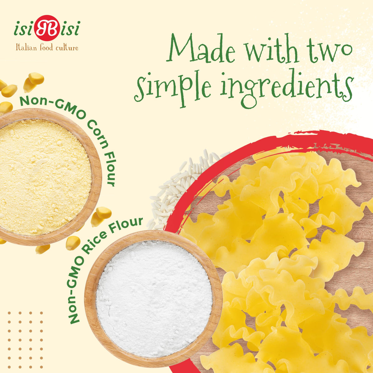 isiBisi Gluten-free Baby Mafalda Pasta ingredients highlight corn and rice flour for a natural meal.