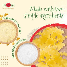 isiBisi Gluten-free Baby Mafalda Pasta ingredients highlight corn and rice flour for a natural meal.
