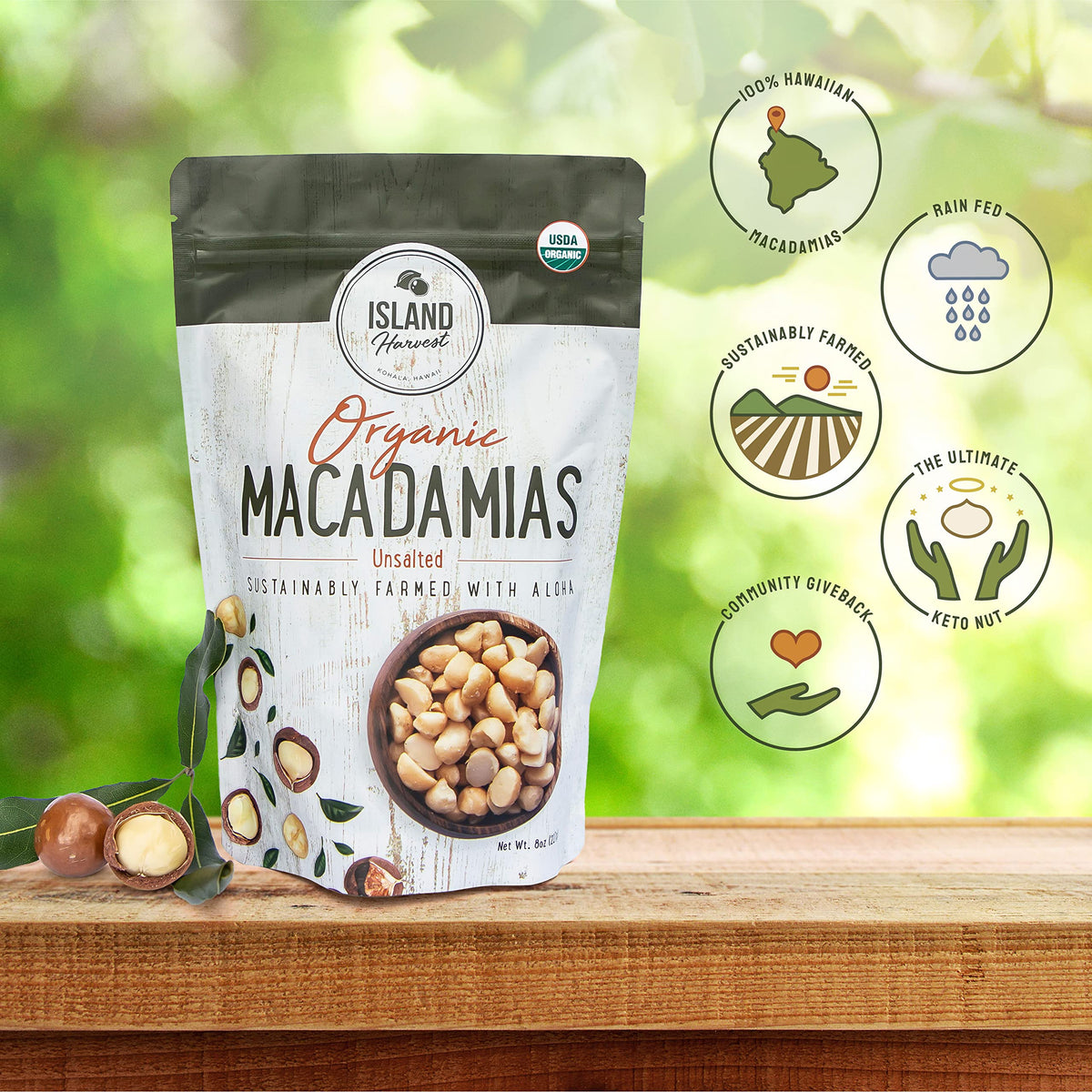Island Harvest unsalted macadamias close-up—creamy texture and natural flavor