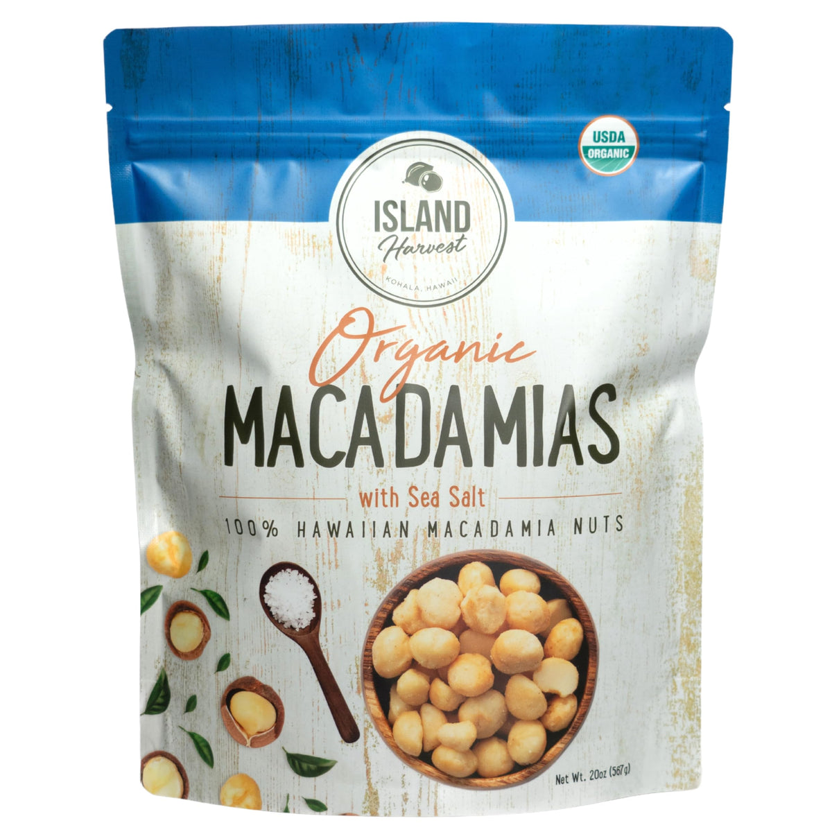 Island Harvest macadamia nuts with sea salt in bag, ideal keto-friendly snack