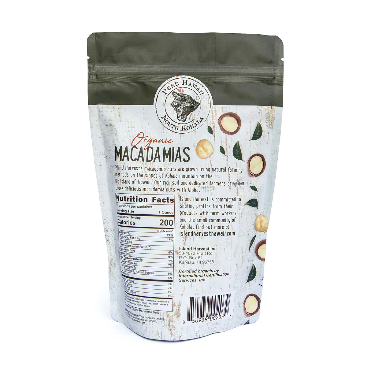 Island Harvest macadamias ingredients panel—organic, non-GMO, gluten-free