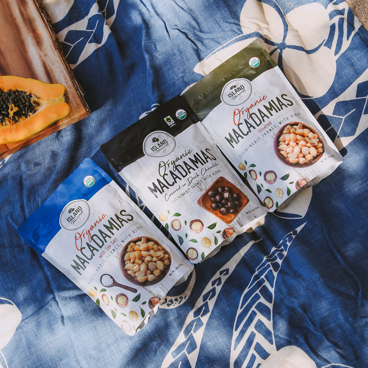 Island Harvest organic macadamia nuts label – Hawaii-sourced quality