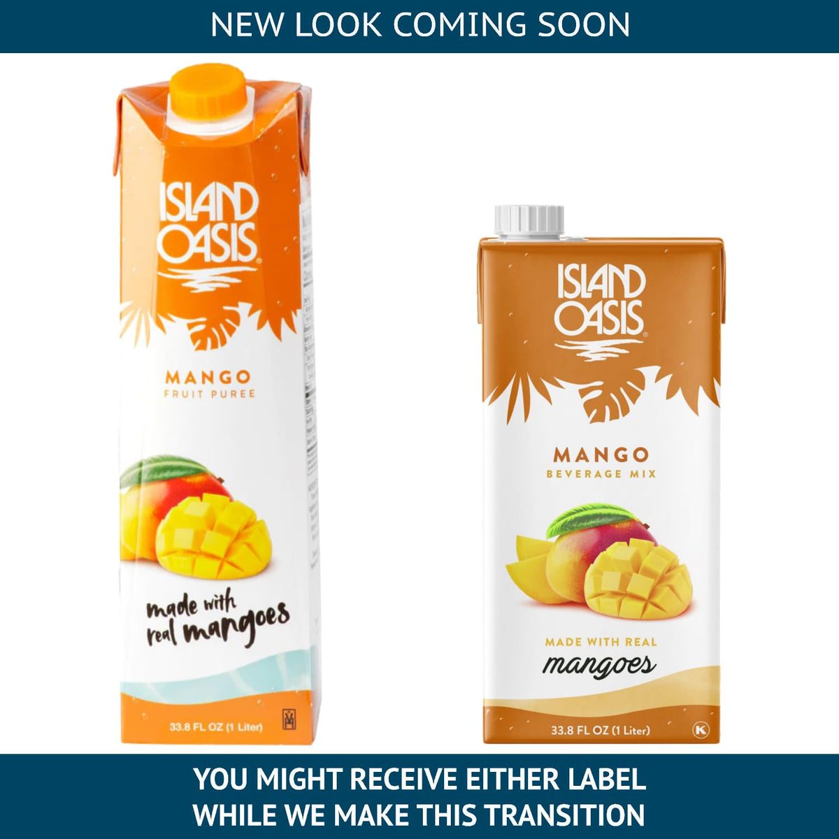 Island Oasis Mango Mix bottle side highlighting natural ingredients and labeling.
