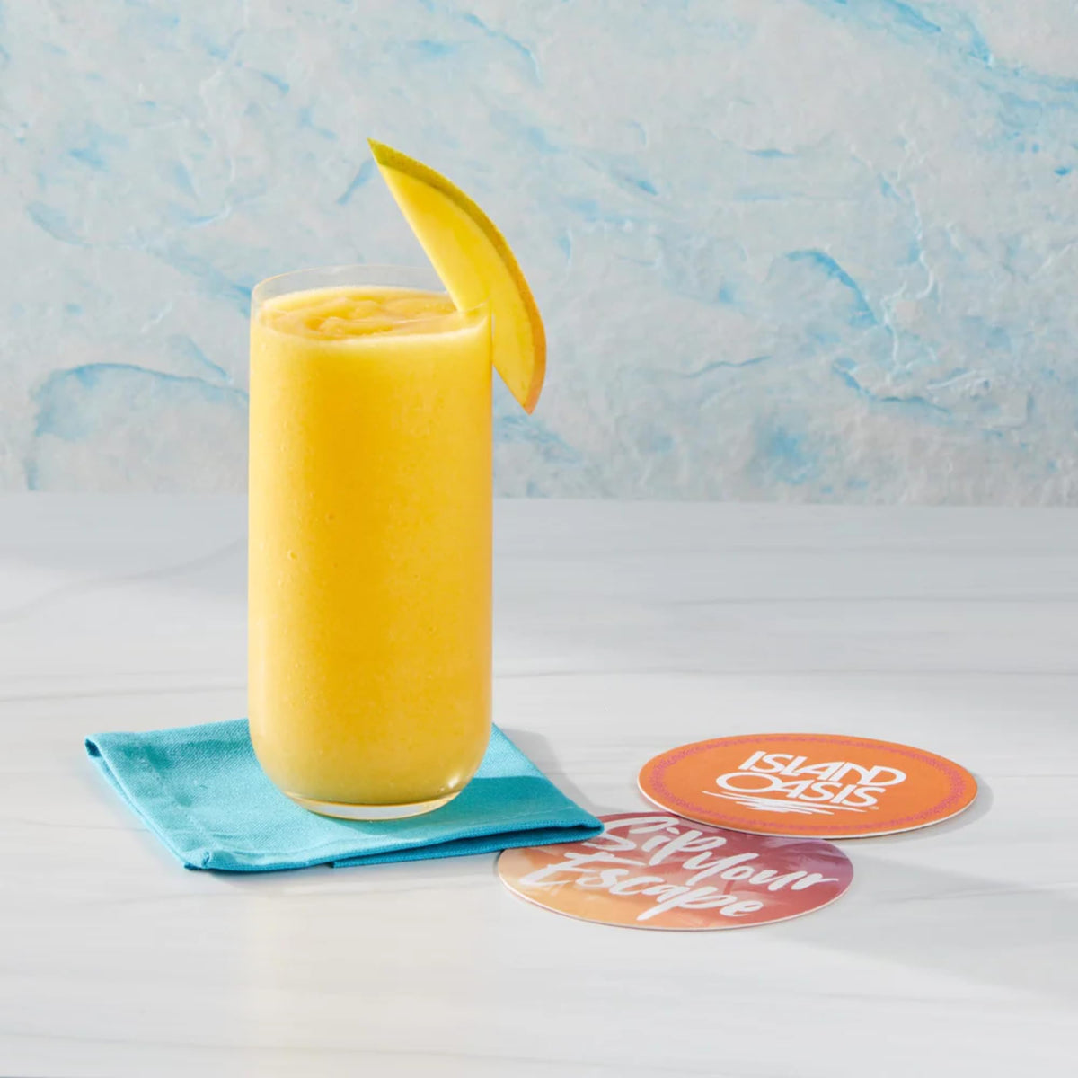 Mocktail setup featuring Island Oasis Mango Mix for non-alcoholic options.