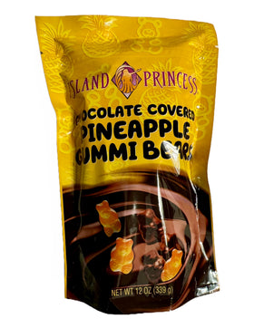 Island Princess chocolate covered pineapple gummi bears in a 12 oz bag, ideal for sharing.
