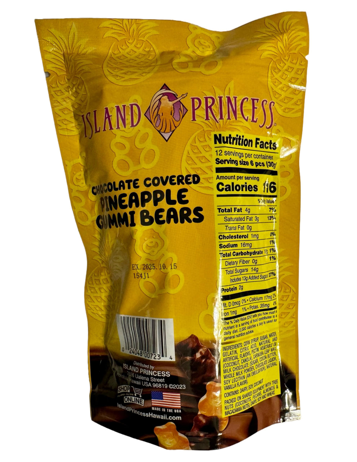 Island Princess stand-up bag pineapple gummi bears, convenient on-the-go tropical treat.