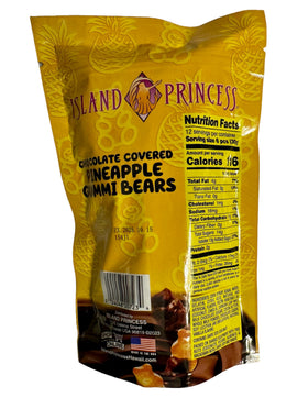 Island Princess stand-up bag pineapple gummi bears, convenient on-the-go tropical treat.