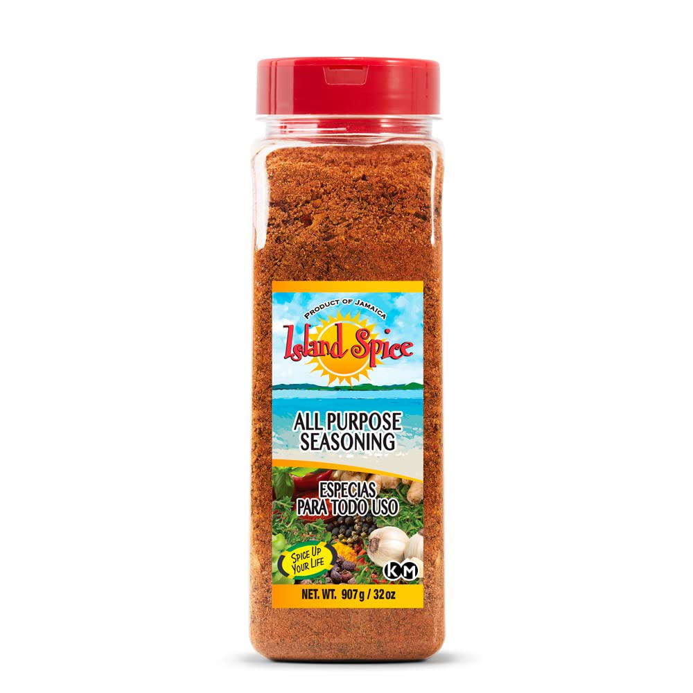 Island Spice All Purpose Seasoning bottle on counter showing packaging and label for easy identification