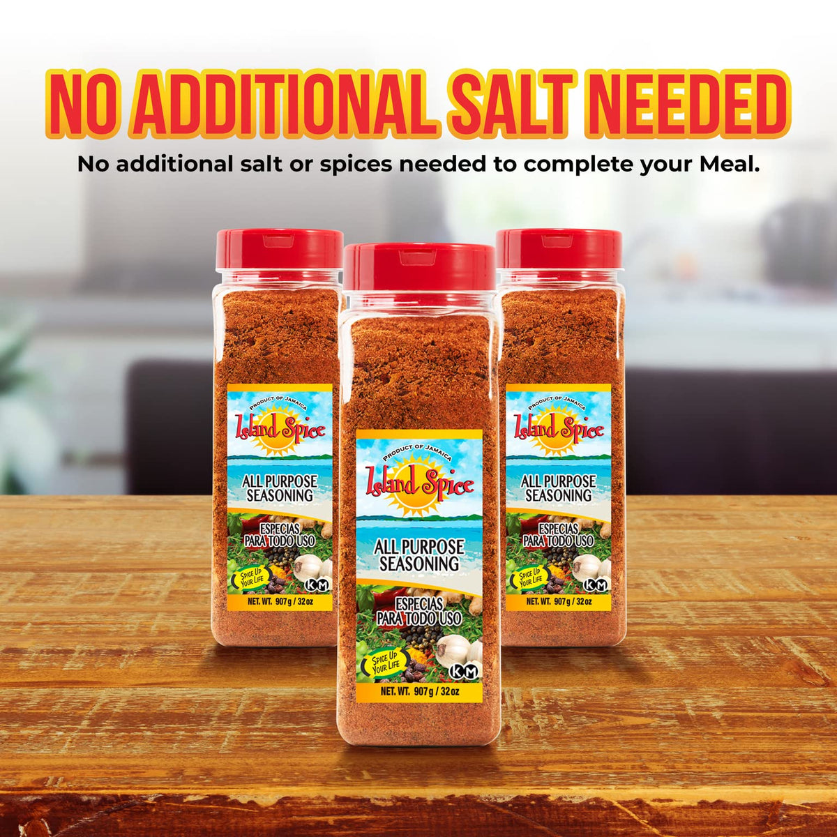 Pouring Island Spice All Purpose Seasoning from bottle for quick pan seasoning