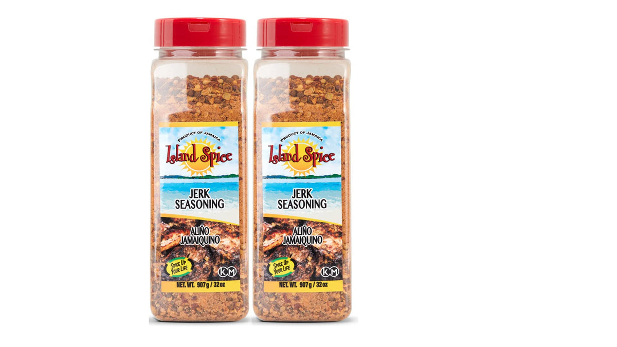 Island Spice Jerk Seasoning bottle enhances authentic Jamaica flavor for grilled chicken