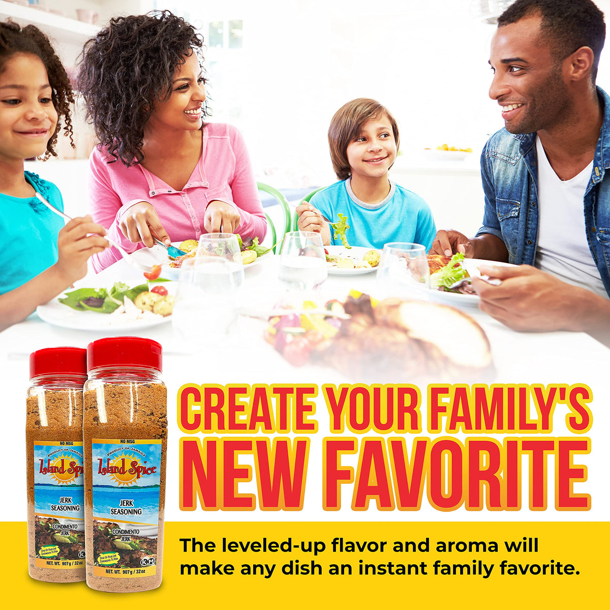 Island Spice Jerk Seasoning family dinner scene communicates shared island flavors