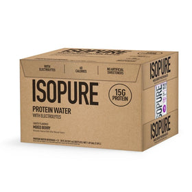 Isopure Clear Protein Water 12-pack display—shareable hydration and protein on demand.