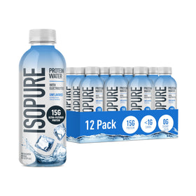 Isopure Clear Protein Water bottle front with branding and 15g protein per serving.