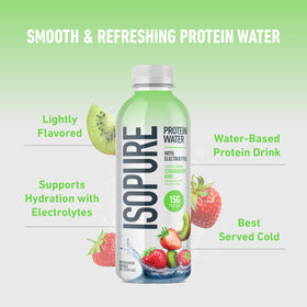 Chilled Isopure bottle in a refrigerator ready for refreshment during activity.