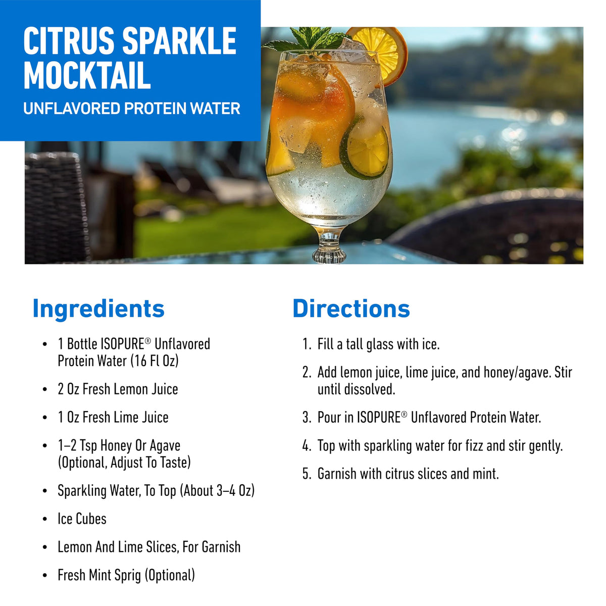 Glass with Isopure Clear Protein Water communicates quick protein hydration.