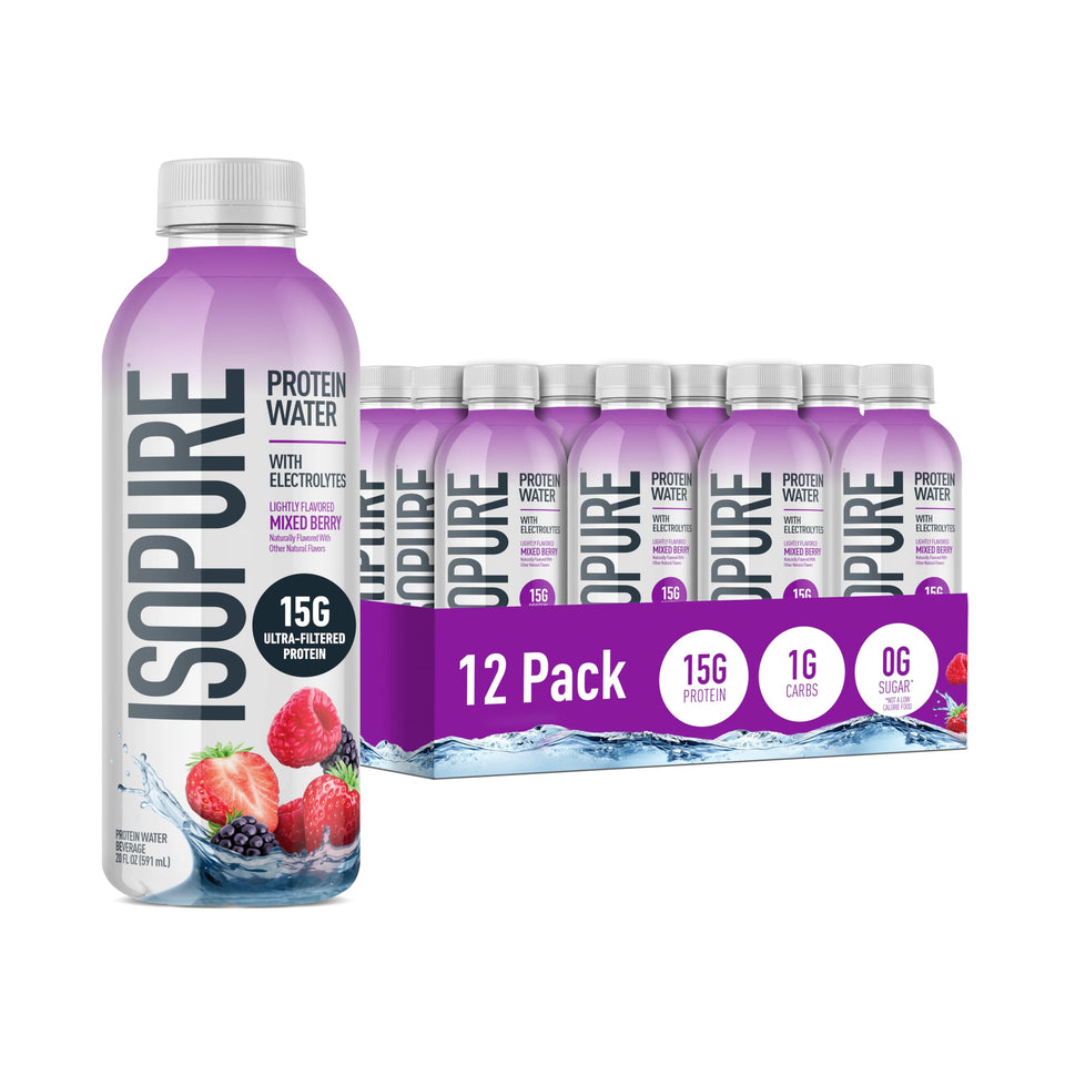 Isopure Clear Protein Water mixed berry bottle—hydration with 15g protein and zero sugar.