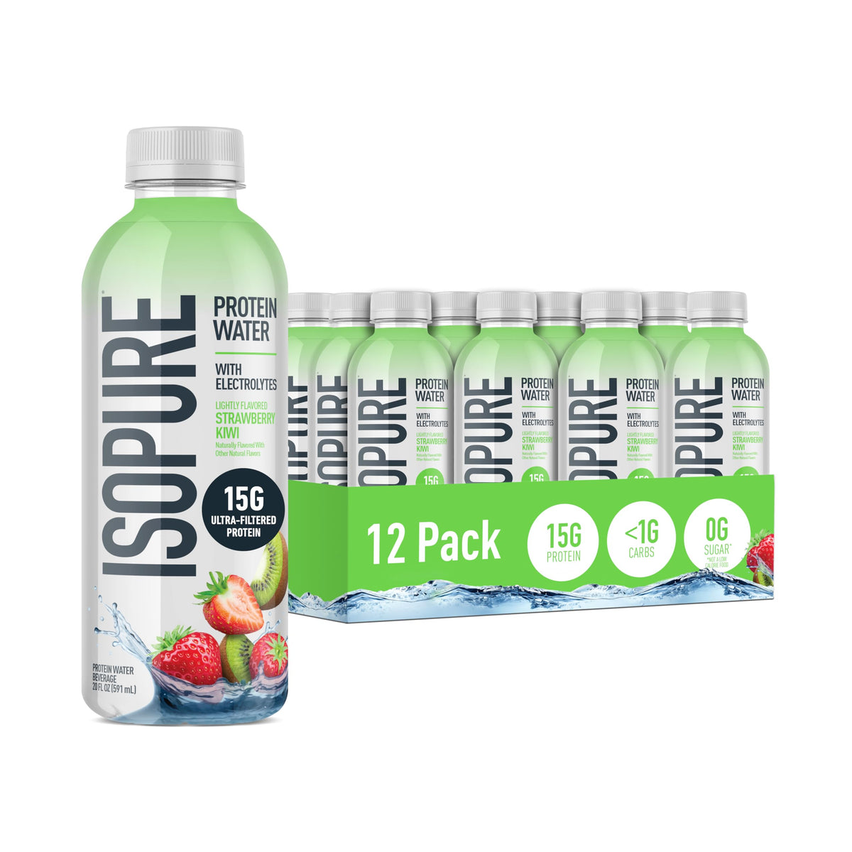 Isopure Clear Protein Water bottle with Strawberry Kiwi flavor for on-the-go hydration.