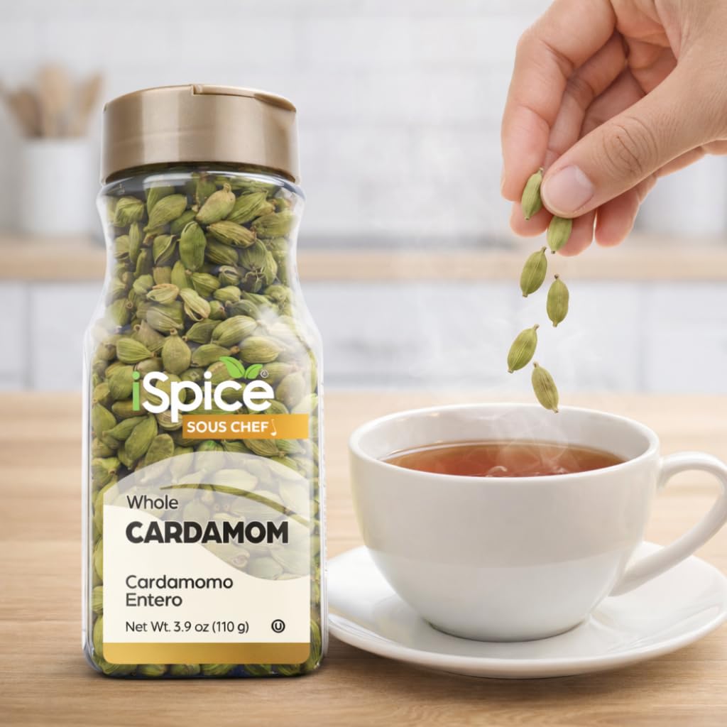 iSpice Cardamom Seeds on a cutting board, ideal for gourmet flavor experiments.