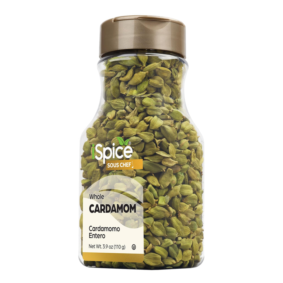 iSpice Cardamom Seeds Whole in a jar, showcasing premium aroma for curries and desserts.