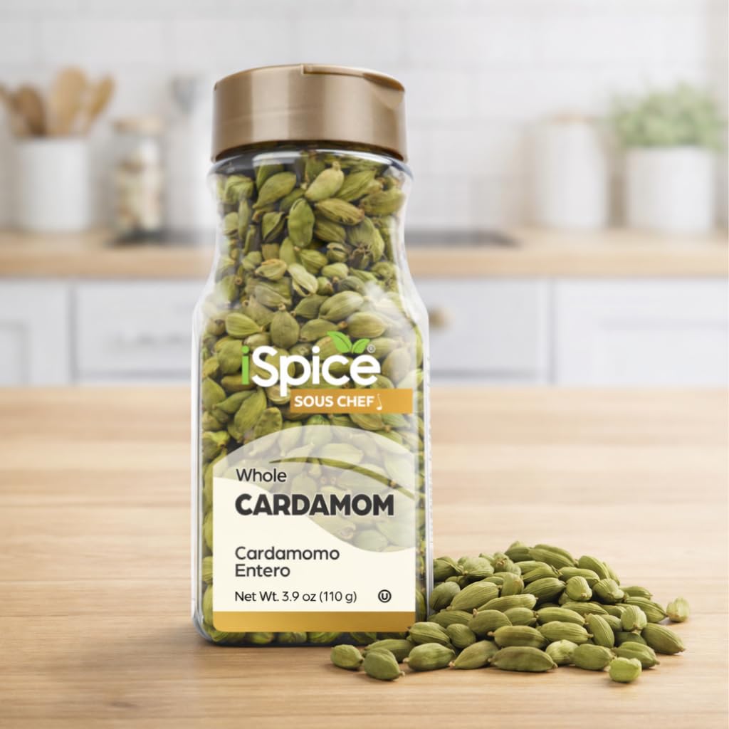 iSpice Cardamom Seeds Whole pods on a spice rack for aromatic cooking.